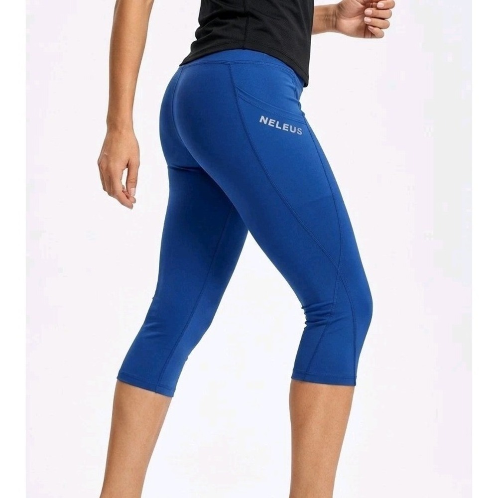 Neleus Sports‎ Wear Capri Leggings Womens  Blue Solid Logo Pocket 2XL